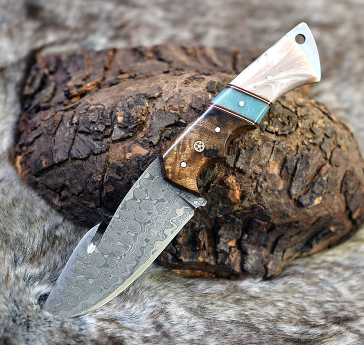 Voyager Gut Knife - Voyager Damascus Gut Hook Knife with Exotic Rose Wood and Mother of Pearl Handle - Shokunin USA