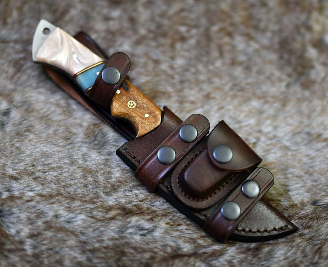 Voyager Hook Handle - Voyager Damascus Gut Hook Knife with Exotic Rose Wood and Mother of Pearl - Shokunin USA