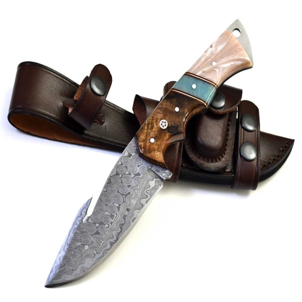 Voyager Damascus Handle - Voyager Damascus Gut Hook Knife with Exotic Rose Wood and Mother of Pearl Handle - Shokunin USA