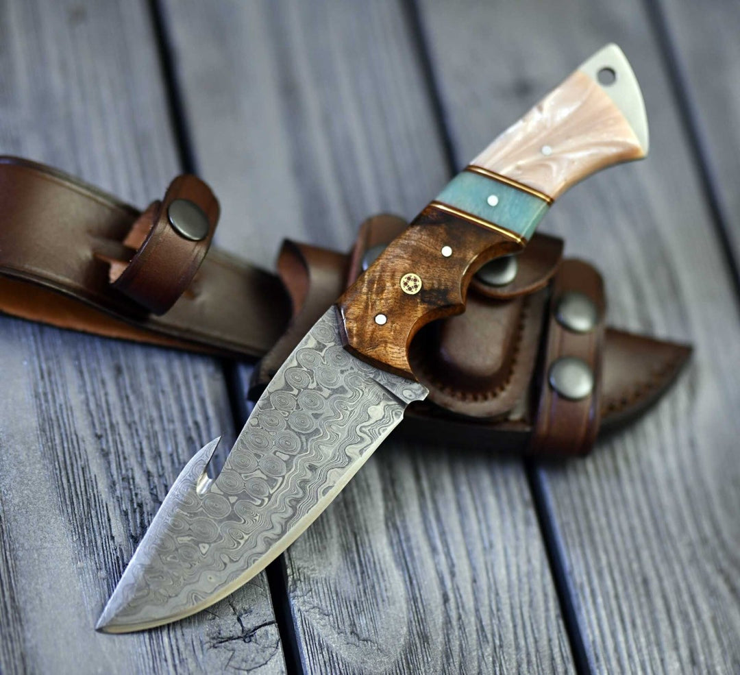 Voyager Gut knives - Voyager Damascus Gut Hook Knife with Exotic Rose Wood and Mother of Pearl Handle - Shokunin USA