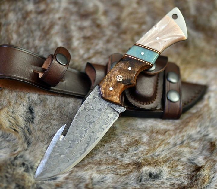 Voyager Gut Handle - Voyager Damascus Gut Hook Knife with Exotic Rose Wood and Mother of Pearl Handle - Shokunin USA