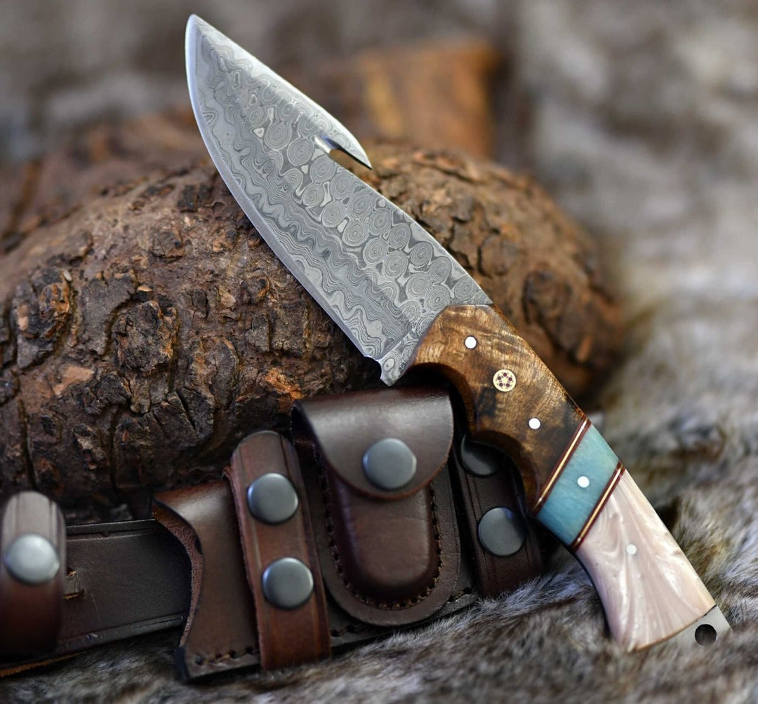 Voyager Damascus knives - Voyager Damascus Gut Hook Knife with Exotic Rose Wood and Mother of Pearl Handle - Shokunin USA