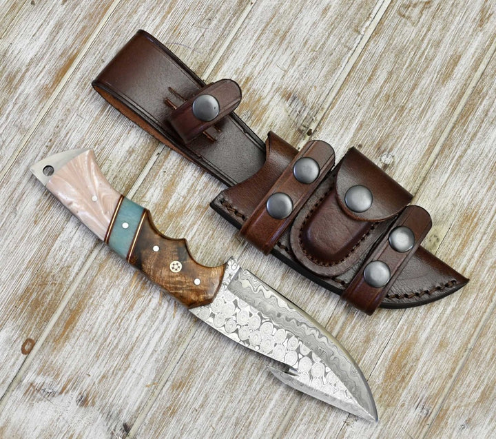 Voyager Hook Knife - Voyager Damascus Gut Hook Knife with Exotic Rose Wood and Mother of Pearl Handle - Shokunin USA