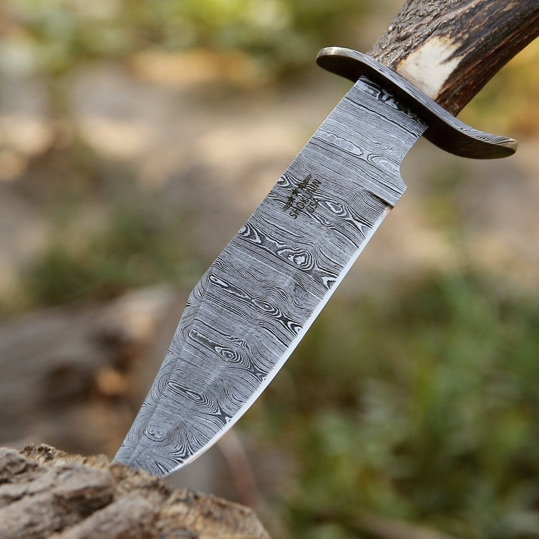Wildfire Damascus Handle - Wildfire Damascus Bowie Knife with Stag Horn Handle - Shokunin USA