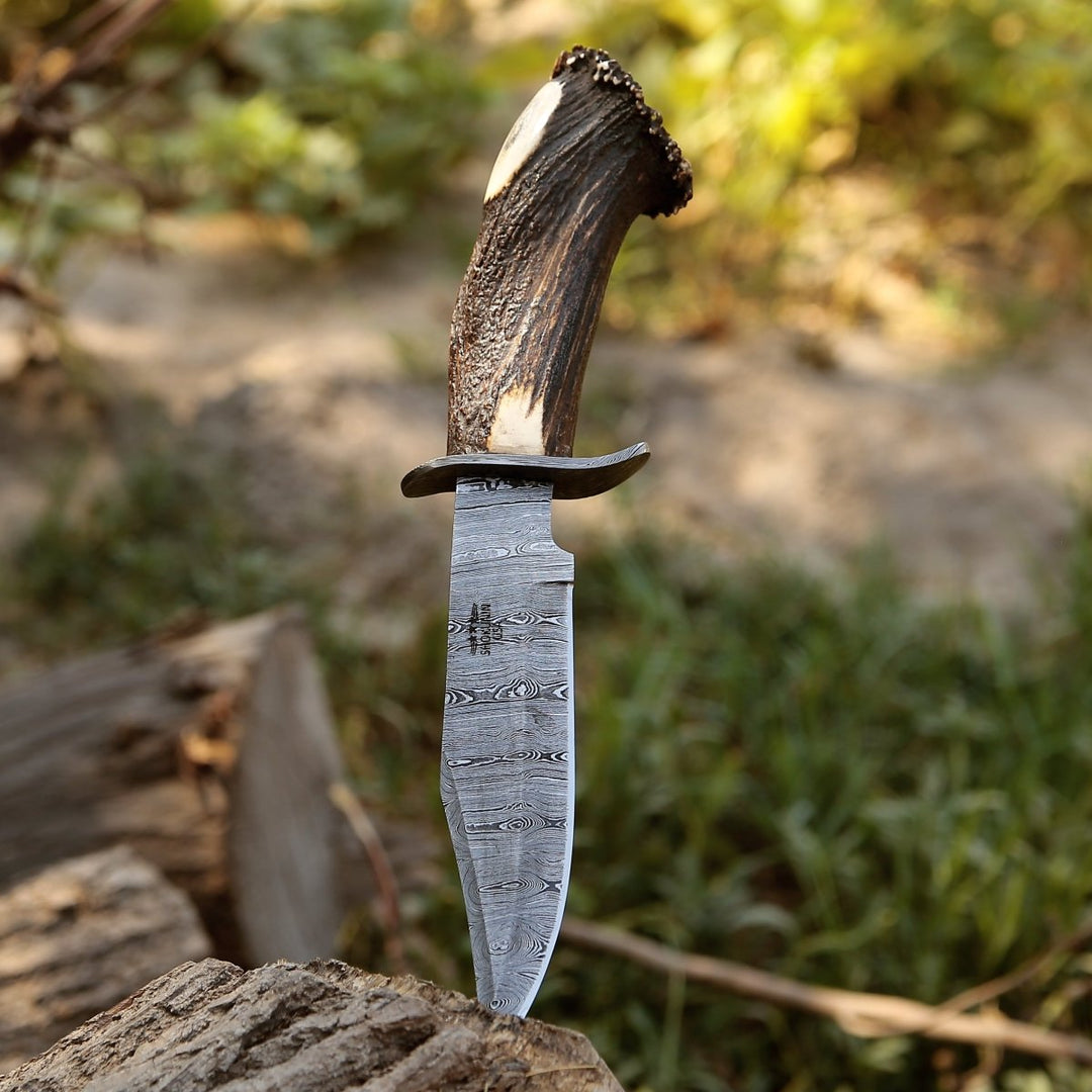 Wildfire Damascus blade - Wildfire Damascus Bowie Knife with Stag Horn Handle - Shokunin USA