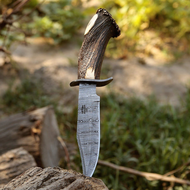 Wildfire Damascus blade - Wildfire Damascus Bowie Knife with Stag Horn Handle - Shokunin USA