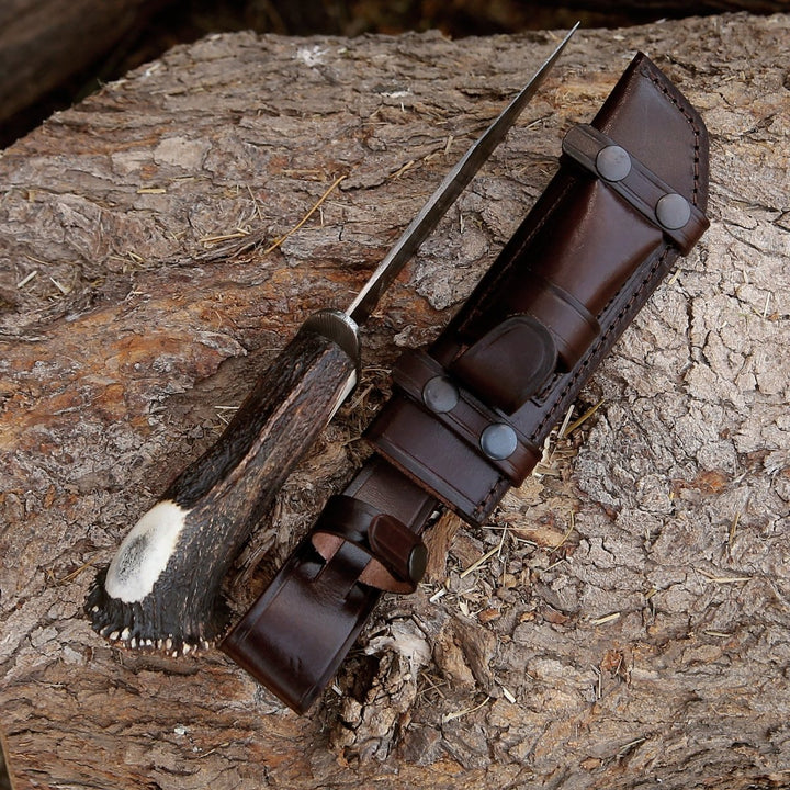 Wildfire Bowie Handle - Wildfire Damascus Bowie Knife with Stag Horn Handle - Shokunin USA
