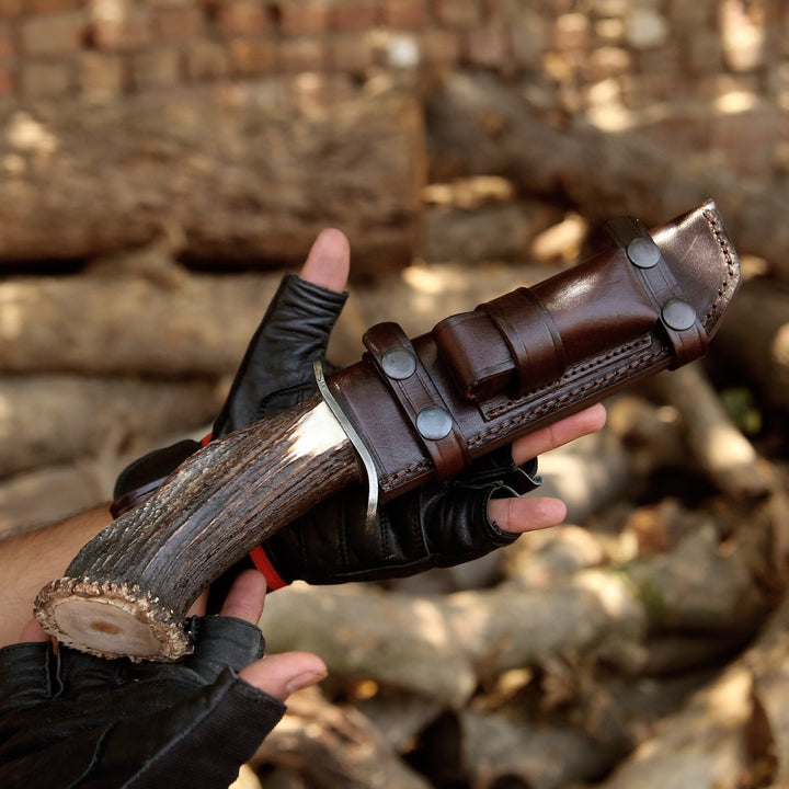 Wildfire Bowie blade - Wildfire Damascus Bowie Knife with Stag Horn Handle - Shokunin USA