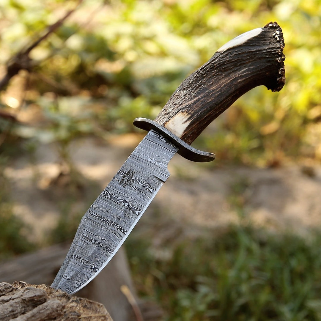 Wildfire Damascus Knife - Wildfire Damascus Bowie Knife with Stag Horn Handle - Shokunin USA
