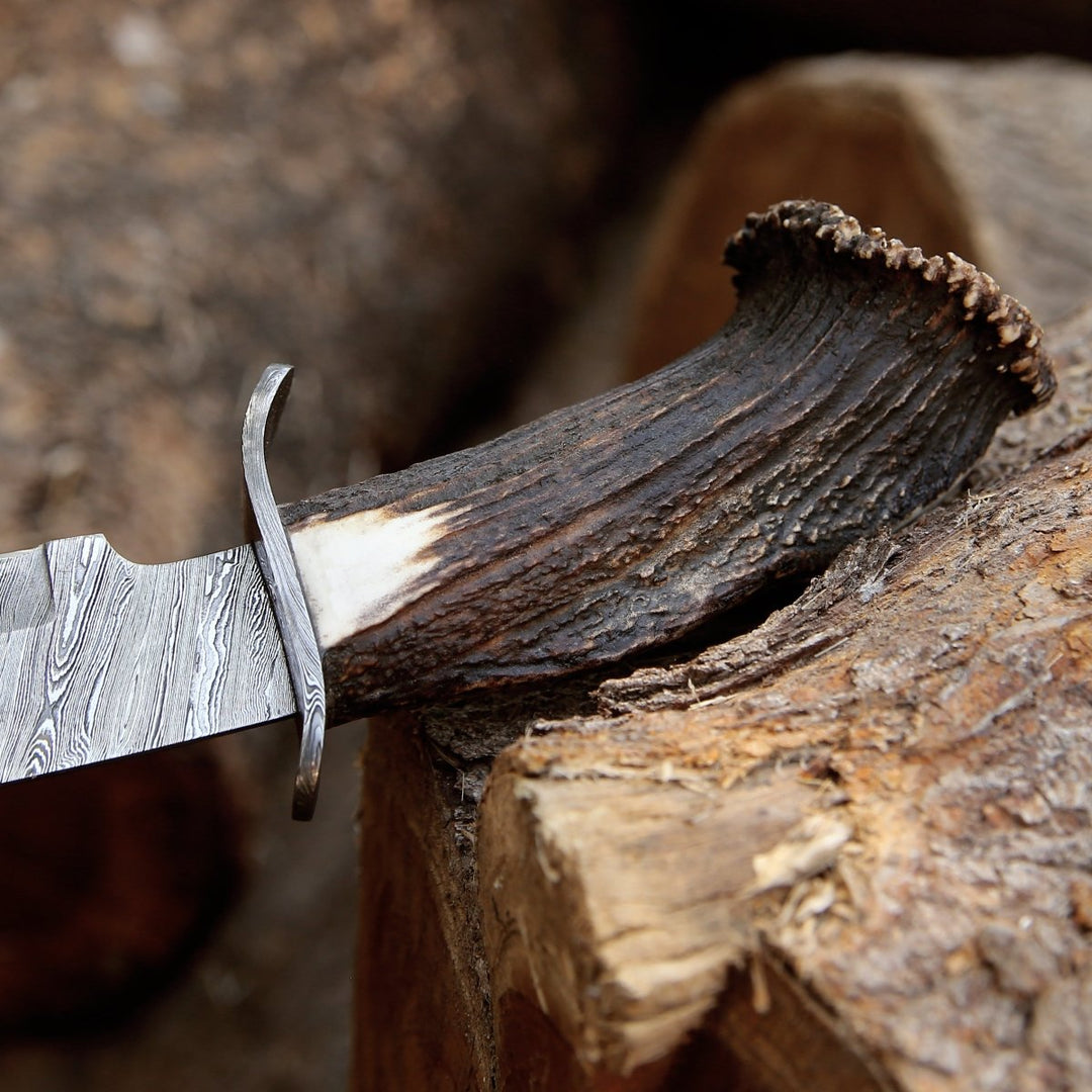 Wildfire Damascus knives - Wildfire Damascus Bowie Knife with Stag Horn Handle - Shokunin USA