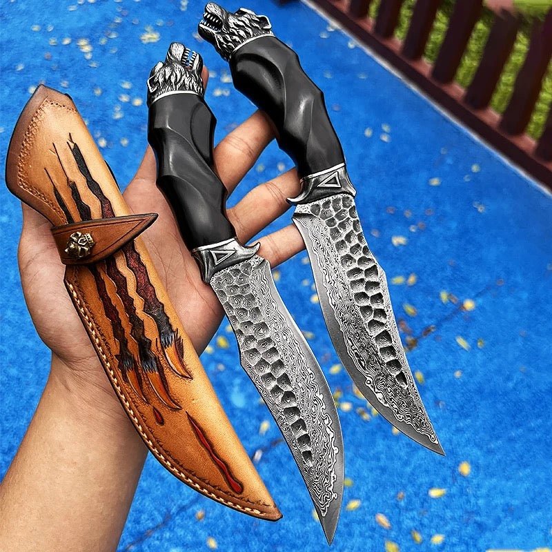 Wolf Japanese Hunting Knife VG-10 Damascus Steel & Exotic Ebony Handle - Shokunin USA