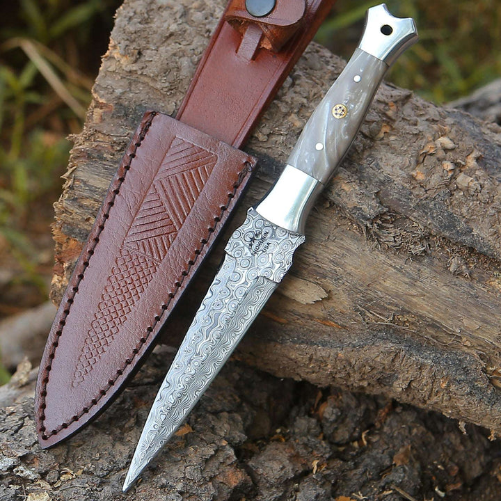 Prowler Damascus Fixed Blade Knife with Mother of Pearl Resin Handle