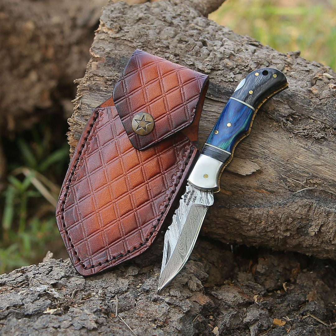 Folding Hunting Knife – Bluesteel Damascus Folding Pocket Knife with Pakkawood Handle – shokuninusa