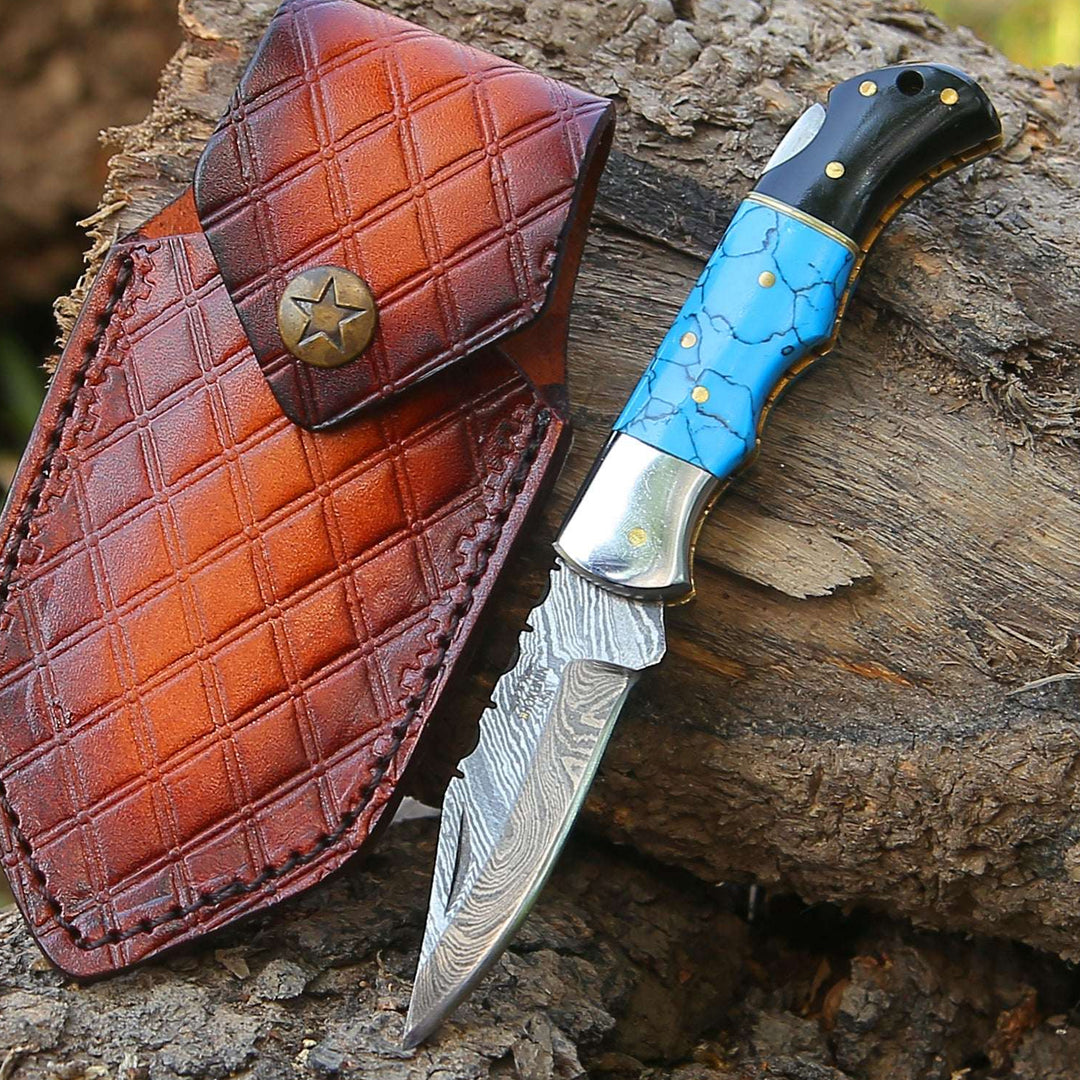 Phoenix Pocket Knife with Turrquoise &amp; Bull Horn Handle