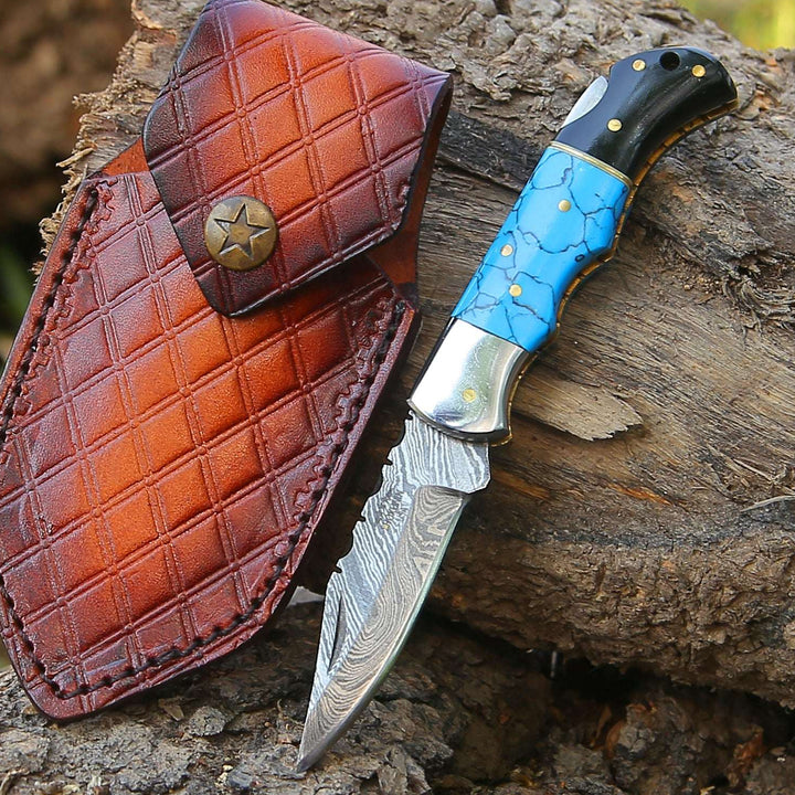 Phoenix Pocket Knife with Turrquoise &amp; Bull Horn Handle