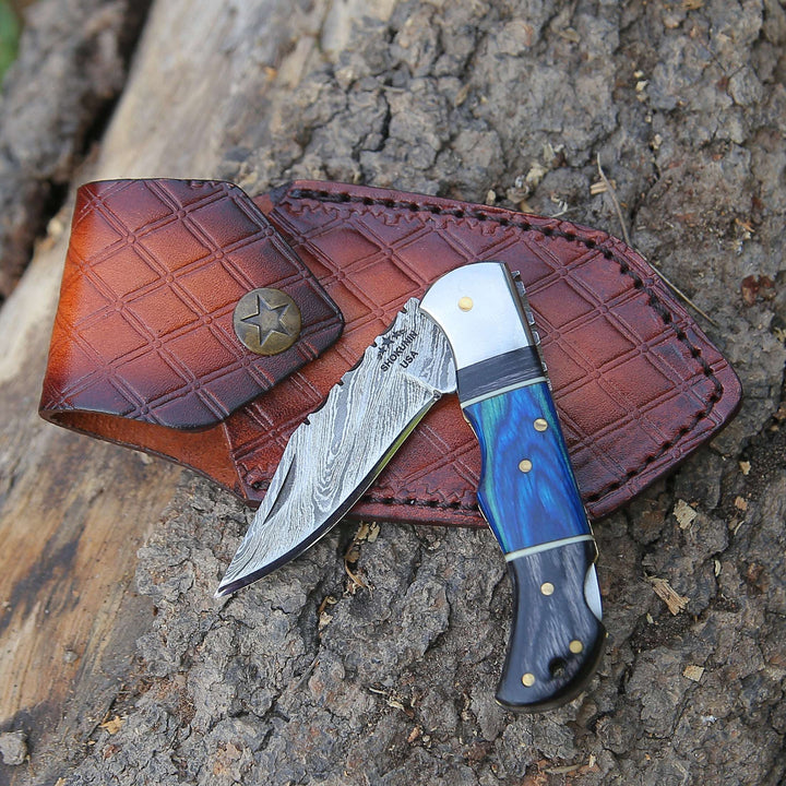 Bluesteel Pocket Knives – Bluesteel Damascus Folding Pocket Knife with Pakkawood Handle – shokuninusa