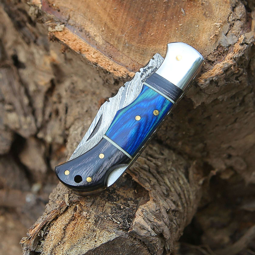 Gentleman's folder with case - Bluesteel Damascus Folding Hunting Knife with Pakkawood Handle - Shokunin USA