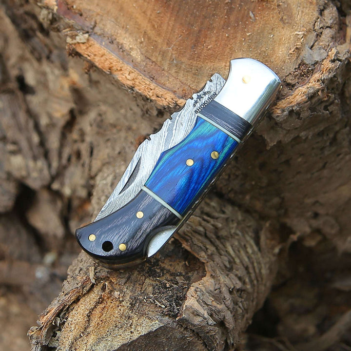 Gentleman's folder with case - Bluesteel Damascus Folding Hunting Knife with Pakkawood Handle - Shokunin USA