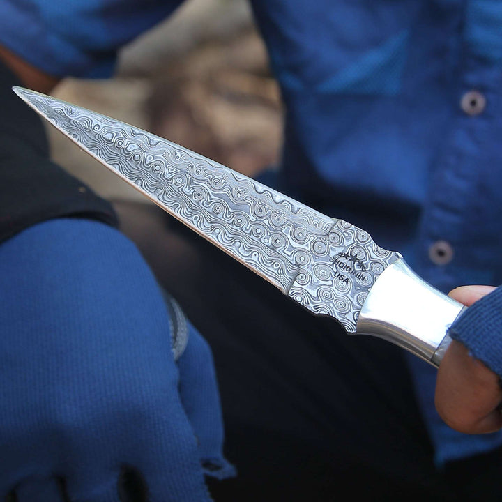 Damascus Knife - Prowler Damascus Fixed Blade Knife with Mother of Pearl Resin Handle - Shokunin USA
