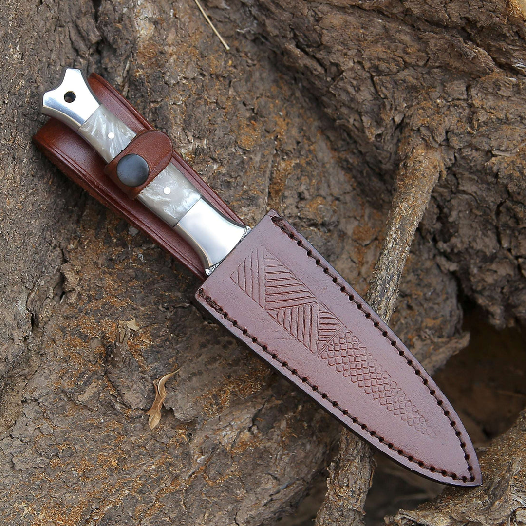 Damascus Knife - Prowler Damascus Fixed Blade Knife with Mother of Pearl Resin Handle - Shokunin USA