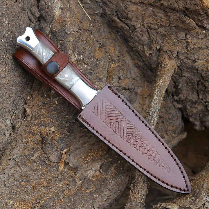 Damascus Knife - Prowler Damascus Fixed Blade Knife with Mother of Pearl Resin Handle - Shokunin USA