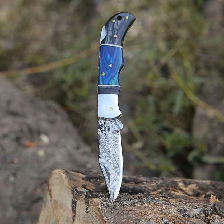 Gentleman's folder with case - Bluesteel Damascus Folding Hunting Knife with Pakkawood Handle - Shokunin USA