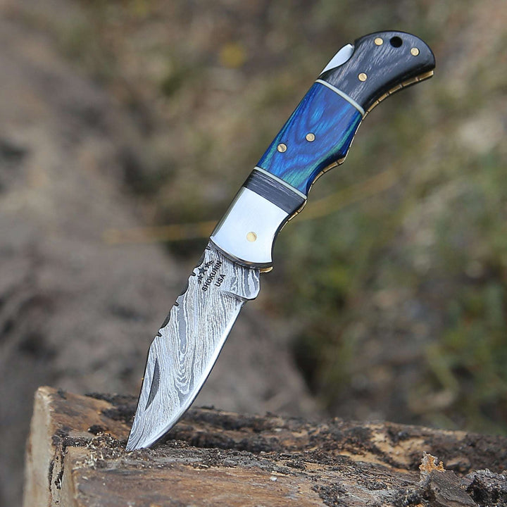 Bluesteel Hunting Knife – Bluesteel Damascus Folding Pocket Knife with Pakkawood Handle – shokuninusa