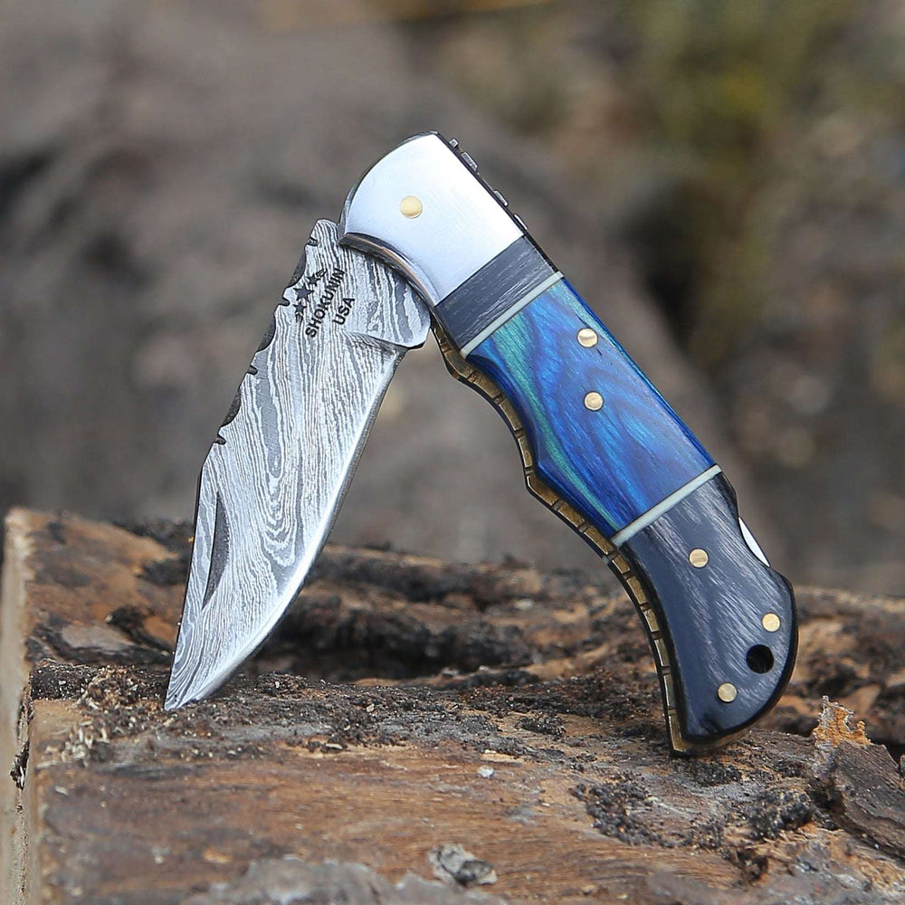 Gentleman's folder with case - Bluesteel Damascus Folding Hunting Knife with Pakkawood Handle - Shokunin USA