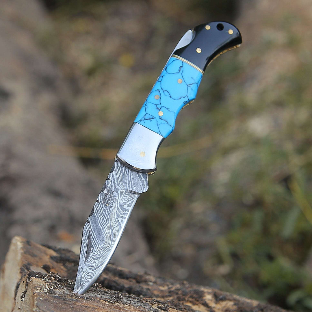 Phoenix Pocket Knife with Turrquoise &amp; Bull Horn Handle