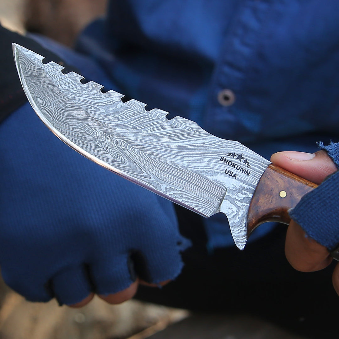 Knife - Ravager Handmade Damascus Knife with Mother of Pearl Resin &amp; Rosewood Handle - Shokunin USA