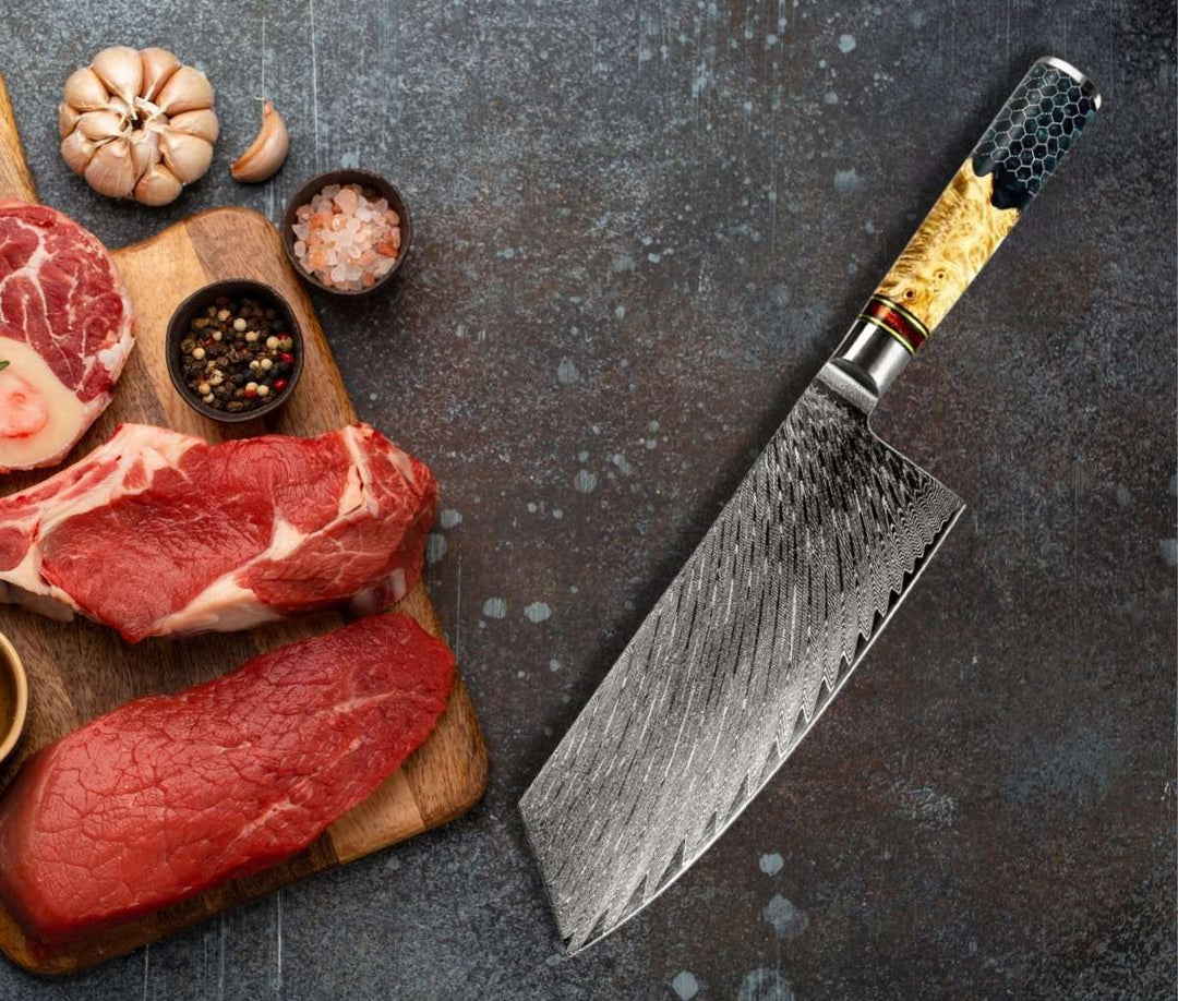 Cleaver knives - Yamato VG10 Damascus Cleaver Knife with Exotic Olive Wood & Honeycomb Composite Handle - Shokunin USA