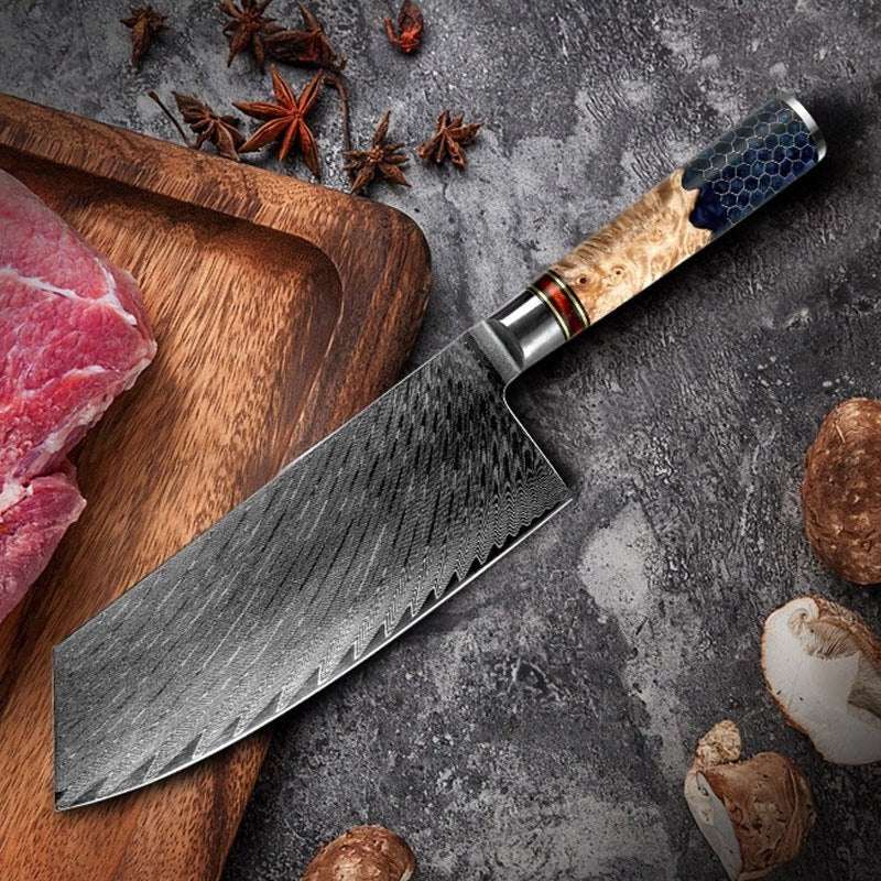 Cleaver knives - Yamato VG10 Damascus Cleaver Knife with Exotic Olive Wood & Honeycomb Composite Handle - Shokunin USA