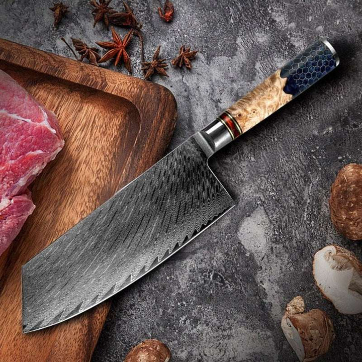 Cleaver knives - Yamato VG10 Damascus Cleaver Knife with Exotic Olive Wood & Honeycomb Composite Handle - Shokunin USA