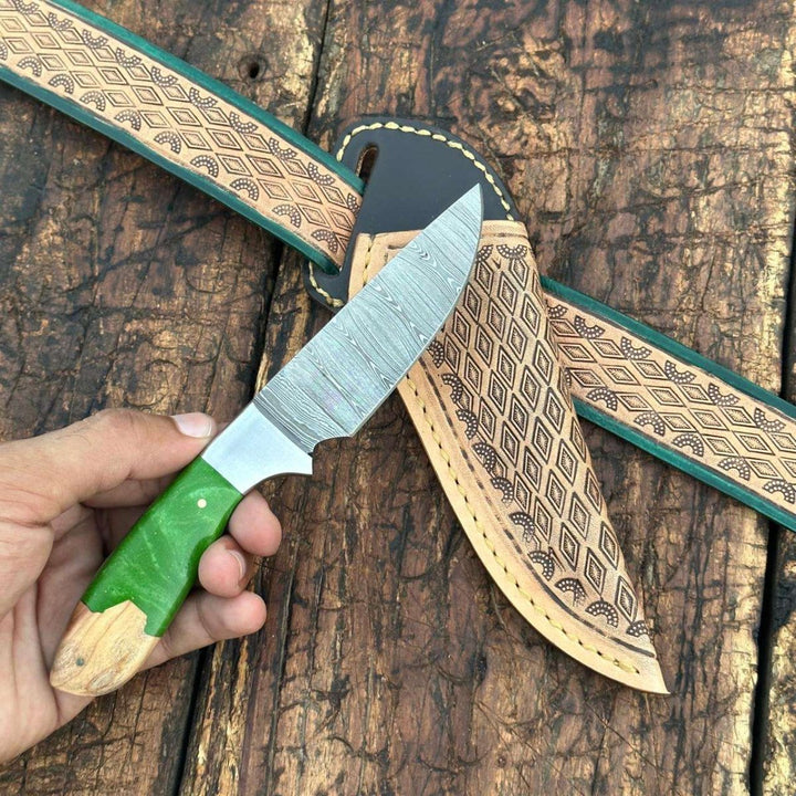 handmade knife sheath - Yellowstone Damascus Skinner Knife with Hand tooled Sheath &amp; Belt - Shokunin USA