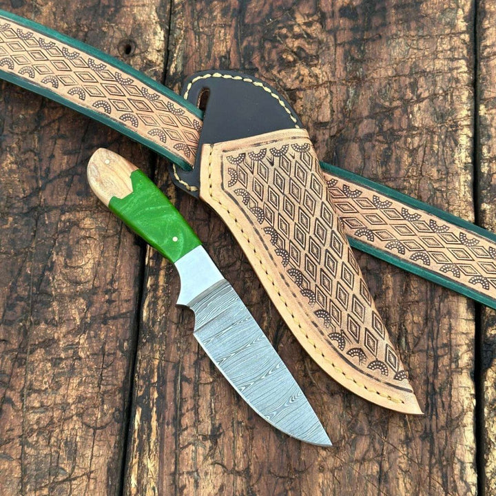 personalized engraved knives - Yellowstone Damascus Skinner Knife with Hand tooled Sheath &amp; Belt - Shokunin USA