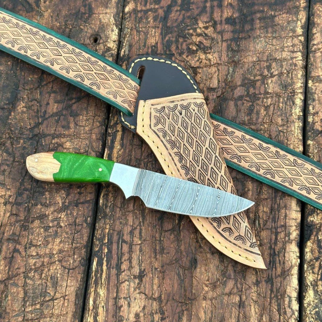knife resin - Yellowstone Damascus Skinner Knife with Hand tooled Sheath &amp; Belt - Shokunin USA