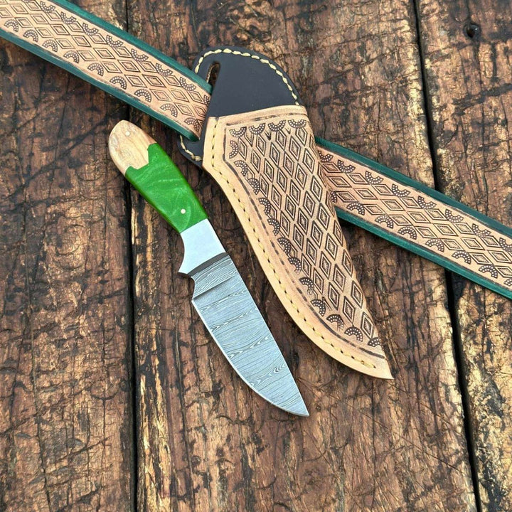 custom sheaths - Yellowstone Damascus Skinner Knife with Hand tooled Sheath &amp; Belt - Shokunin USA
