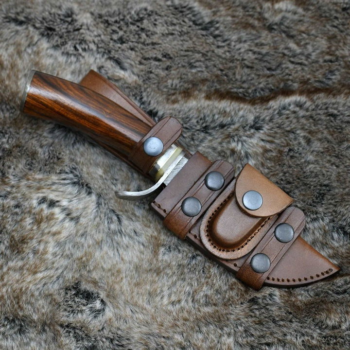 Zen Damascus Bowie - Zen Damascus Hunting Knife with Exotic Rose Wood Handle - Shokunin USA