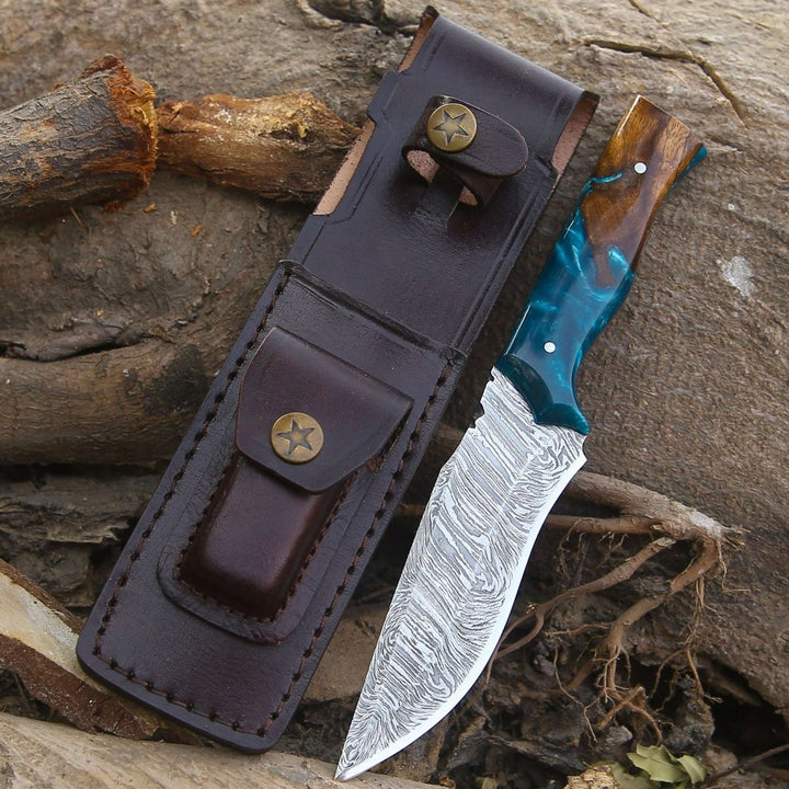 knives fixed blade - Zephyr Damascus Hunting Knife with Exotic Rose Wood &amp; Resin Handle - Shokunin USA