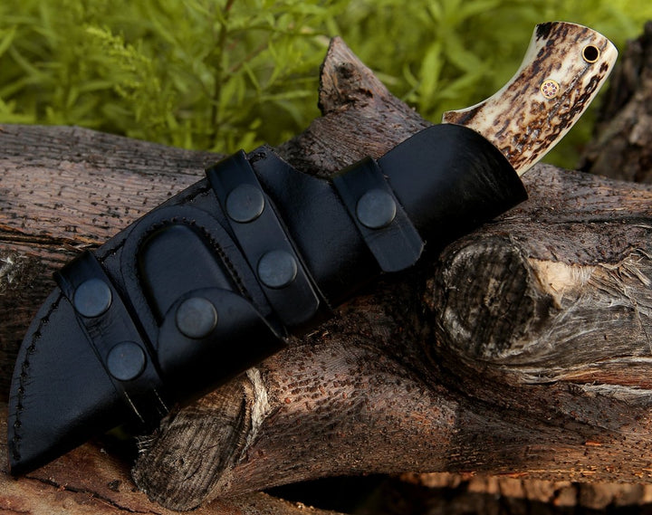 Zeus Tracker Damascus - Zeus Tracker Knife with Antler &amp; Rose wood Handle - Shokunin USA