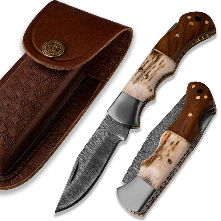 Utility Knife - Echo Damascus Pocket Knife with Stag Horn/Antler & Rosewood Handle - Shokunin USA