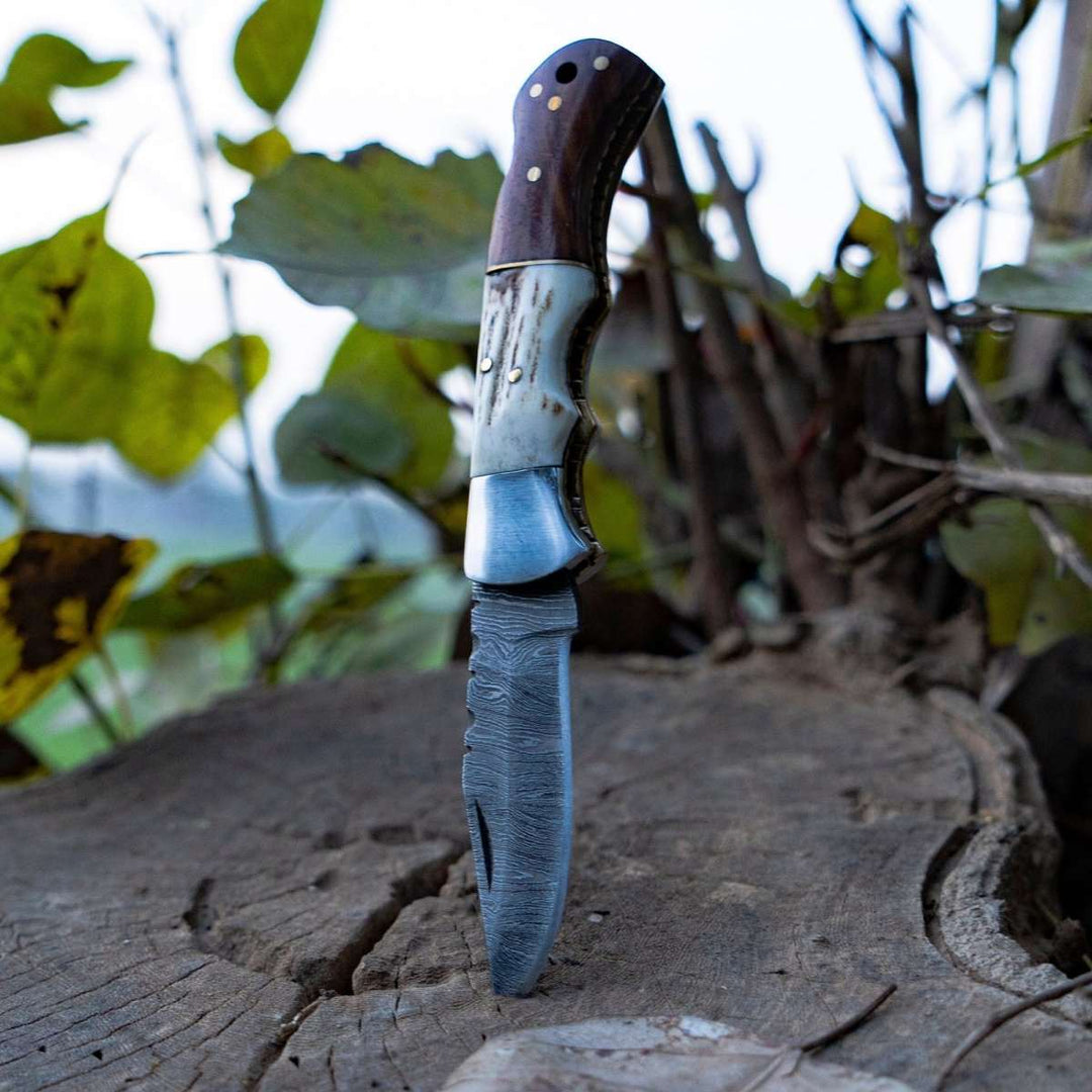 Utility Knife - Echo Damascus Pocket Knife with Stag Horn/Antler & Rosewood Handle - Shokunin USA