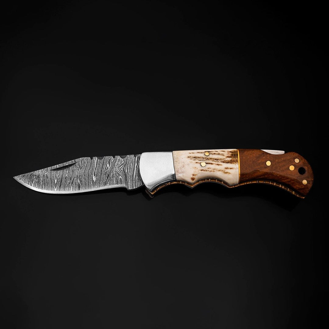 Utility Knife - Echo Damascus Pocket Knife with Stag Horn/Antler & Rosewood Handle - Shokunin USA