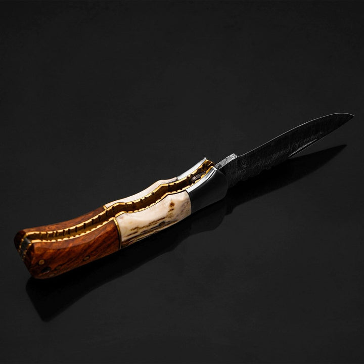 Utility Knife - Echo Damascus Pocket Knife with Stag Horn/Antler & Rosewood Handle - Shokunin USA