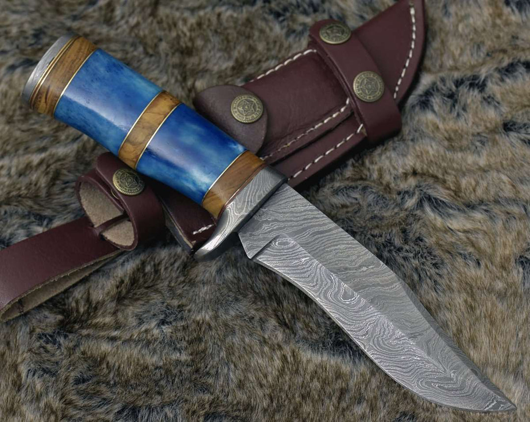 Damascus Knife - Lightbane Damascus Big Game Hunting Knife with Bone, Olive Wood Handle & Sheath - Shokunin USA