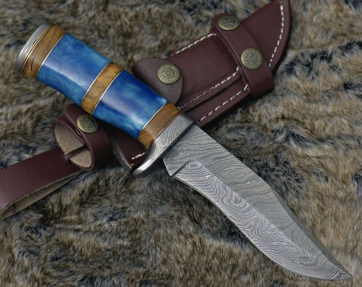 Damascus Knife - Lightbane Damascus Big Game Hunting Knife with Bone, Olive Wood Handle & Sheath - Shokunin USA