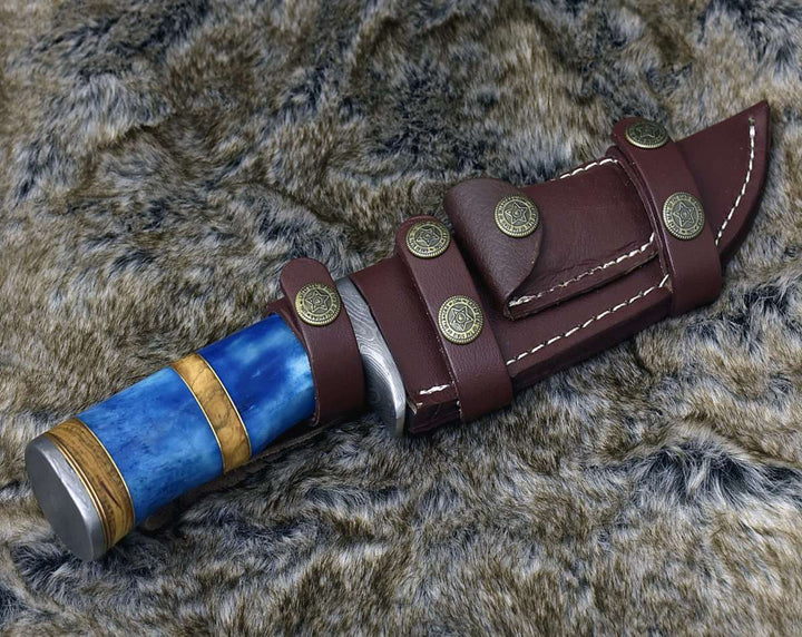 Damascus Knife - Lightbane Damascus Big Game Hunting Knife with Bone, Olive Wood Handle & Sheath - Shokunin USA