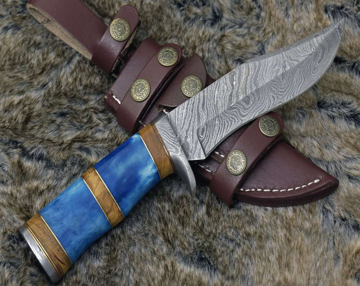 Damascus Knife - Lightbane Damascus Big Game Hunting Knife with Bone, Olive Wood Handle & Sheath - Shokunin USA