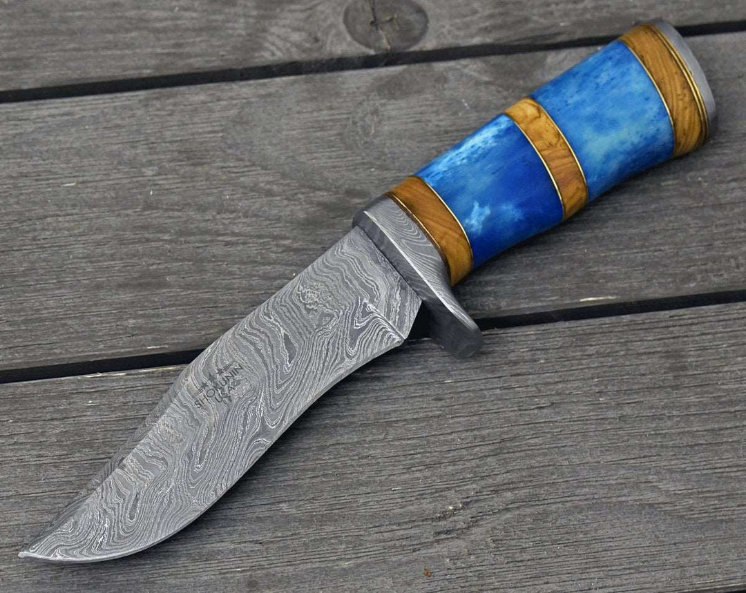 Damascus Knife - Lightbane Damascus Big Game Hunting Knife with Bone, Olive Wood Handle & Sheath - Shokunin USA