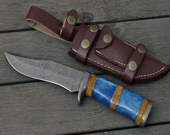 Damascus Knife - Lightbane Damascus Big Game Hunting Knife with Bone, Olive Wood Handle & Sheath - Shokunin USA
